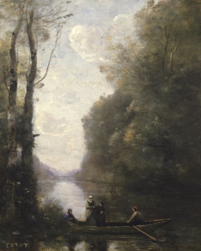 Der Fährmann verlässt das Ufer mit zwei Frauen, 1865 von Jean Baptiste Camille Corot